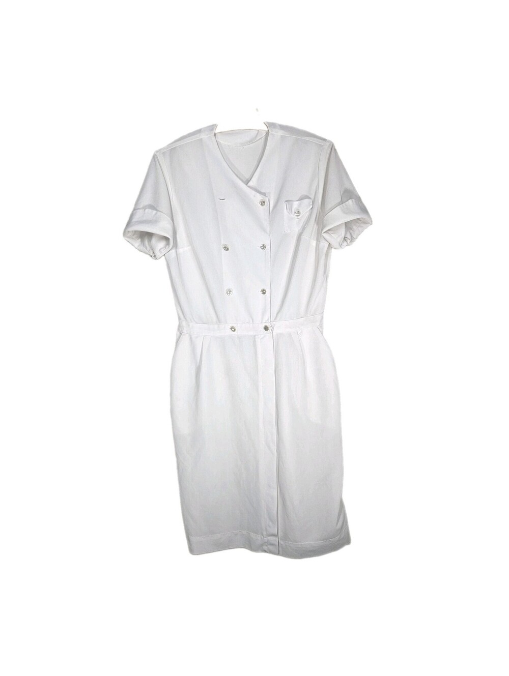 Vintage 70s Nylon Nurse Dress Medium Slim Skirt Pockets Snap Button Front White